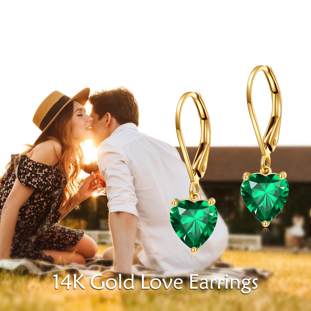 10K Gold Heart Cut Lab Created Emerald Lever-back Earrings-6