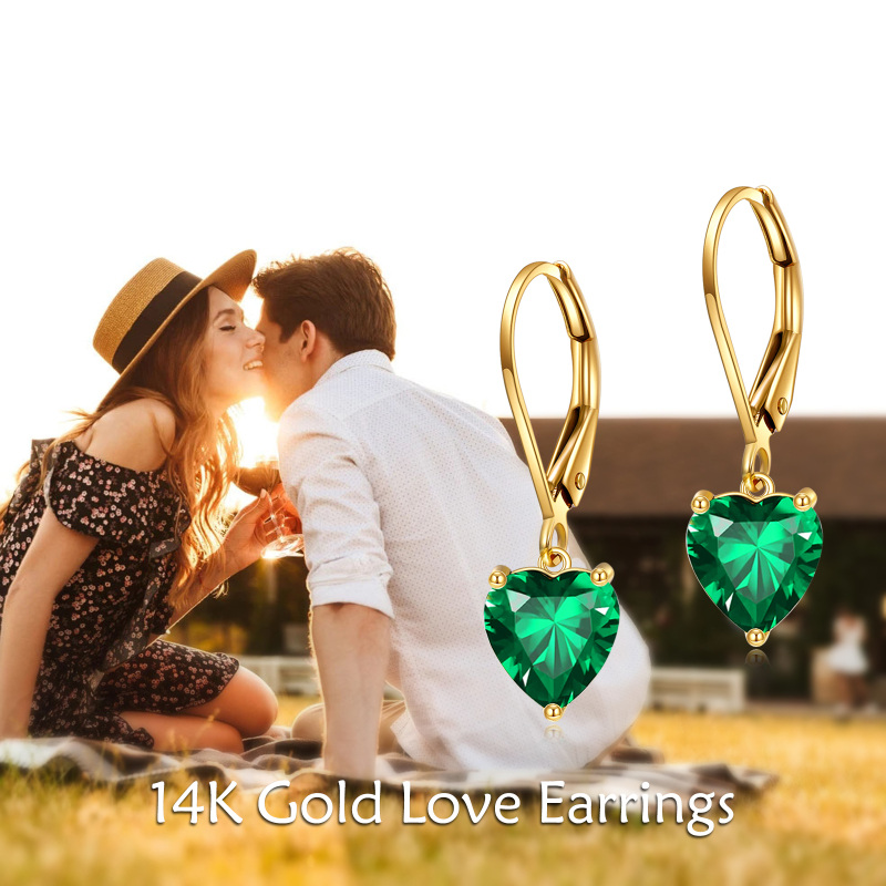 Aretes de esmeralda con corte de corazón en oro de 10 quilates, creados en laboratorio, con cierre de palanca-6
