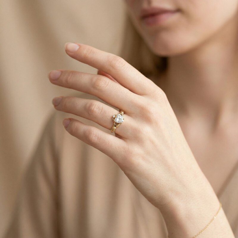 10K Gold Heart Cut Moissanite Claddagh Ring-2