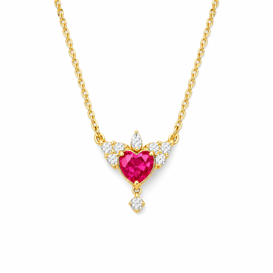 10K Gold Heart Cut Moissanite & Ruby Heart Pendant Necklace