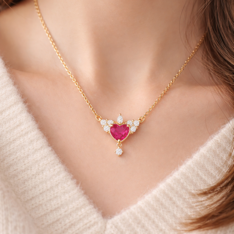 Collar con colgante de corazón de moissanita y rubí cortado en oro de 14 quilates-2