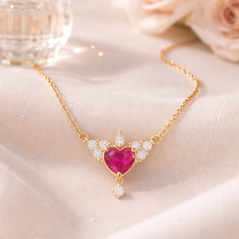 Collar con colgante de corazón de moissanita y rubí cortado en oro de 14 quilates-3