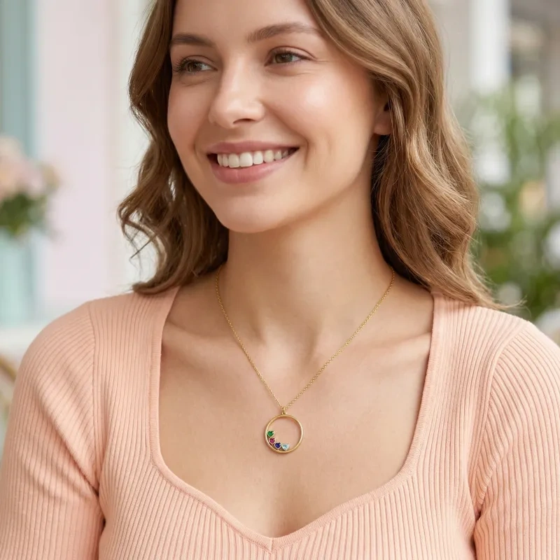 Collar colgante de oro de 14 quilates con corazón cortado, piedra de nacimiento personalizada y círculo-2