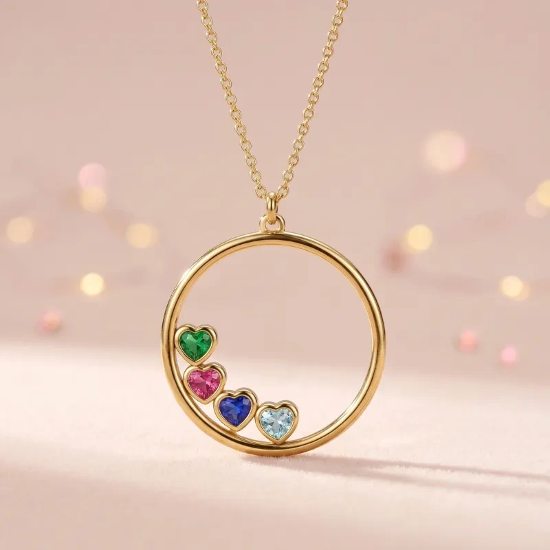 Collar colgante de oro de 14 quilates con corazón cortado, piedra de nacimiento personalizada y círculo-3