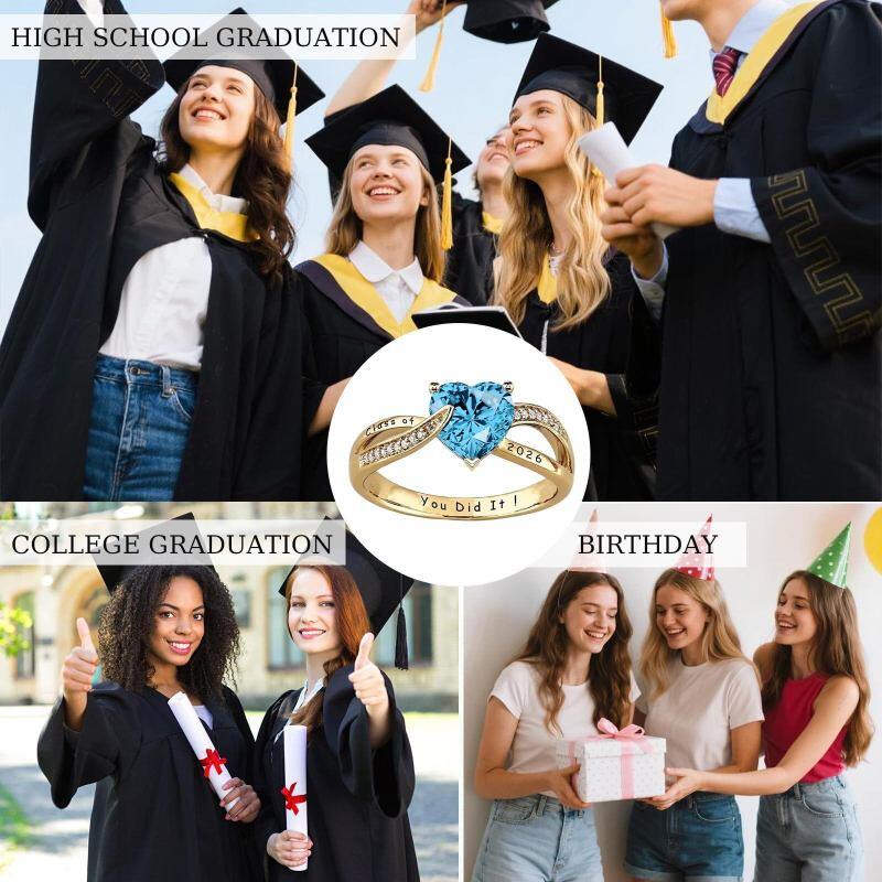 Anillo de Clase con Piedra de Nacimiento Personalizado y Diseño en Forma de Corazón de Oro de 10K-6