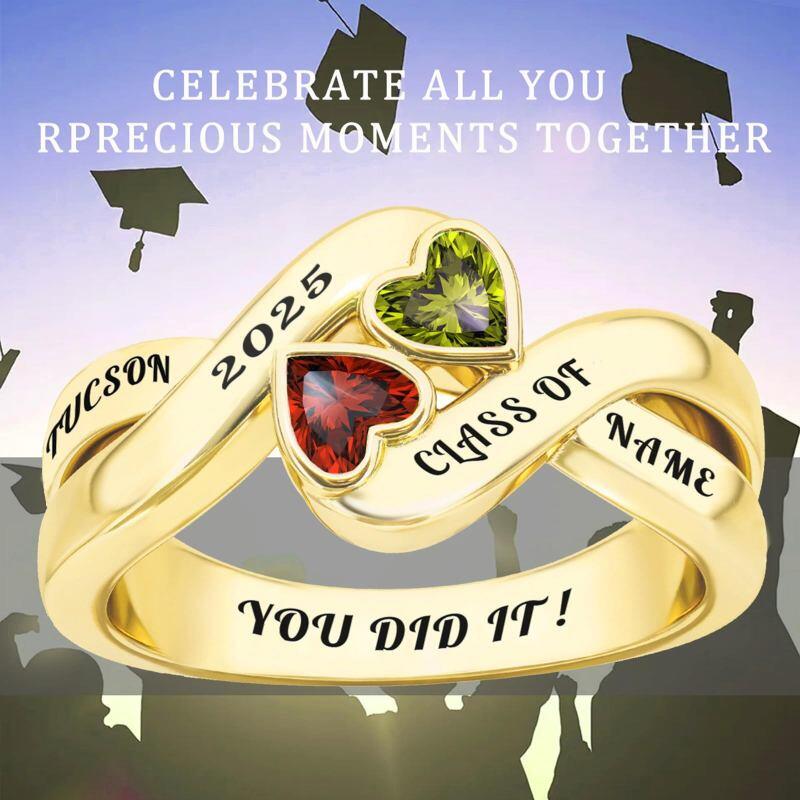 Bague de classe en or 10K personnalisée avec pierre de naissance en forme de cœur et gravable-5