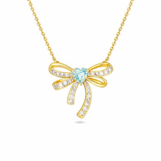 10K Gold Heart Cut Topaz Bow & Heart Pendant Necklace
