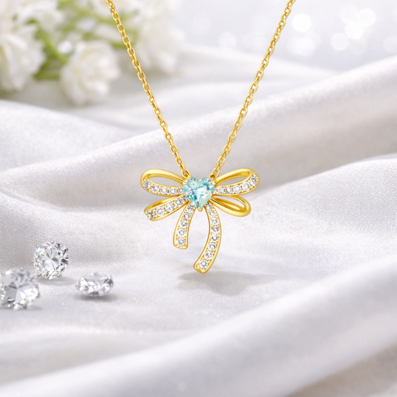 Collar con colgante de corazón y topacio cortado en oro de 14 quilates, con lazo y corazón-3