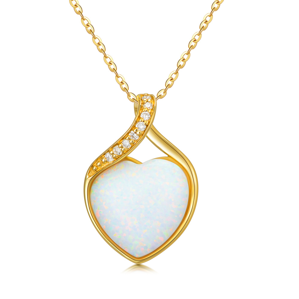 10K Gold Heart Diamond Opal Pendant Necklace For Women-1