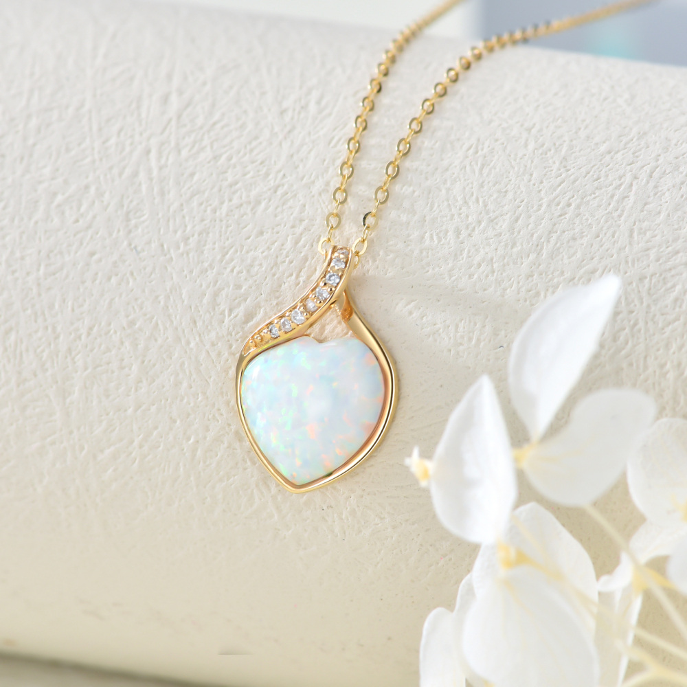 10K Gold Heart Diamond Opal Pendant Necklace For Women-3