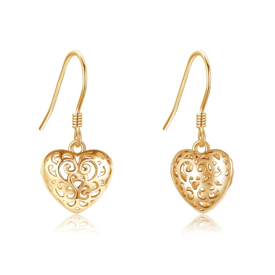 14K Gold Heart Drop Earrings for Women-1