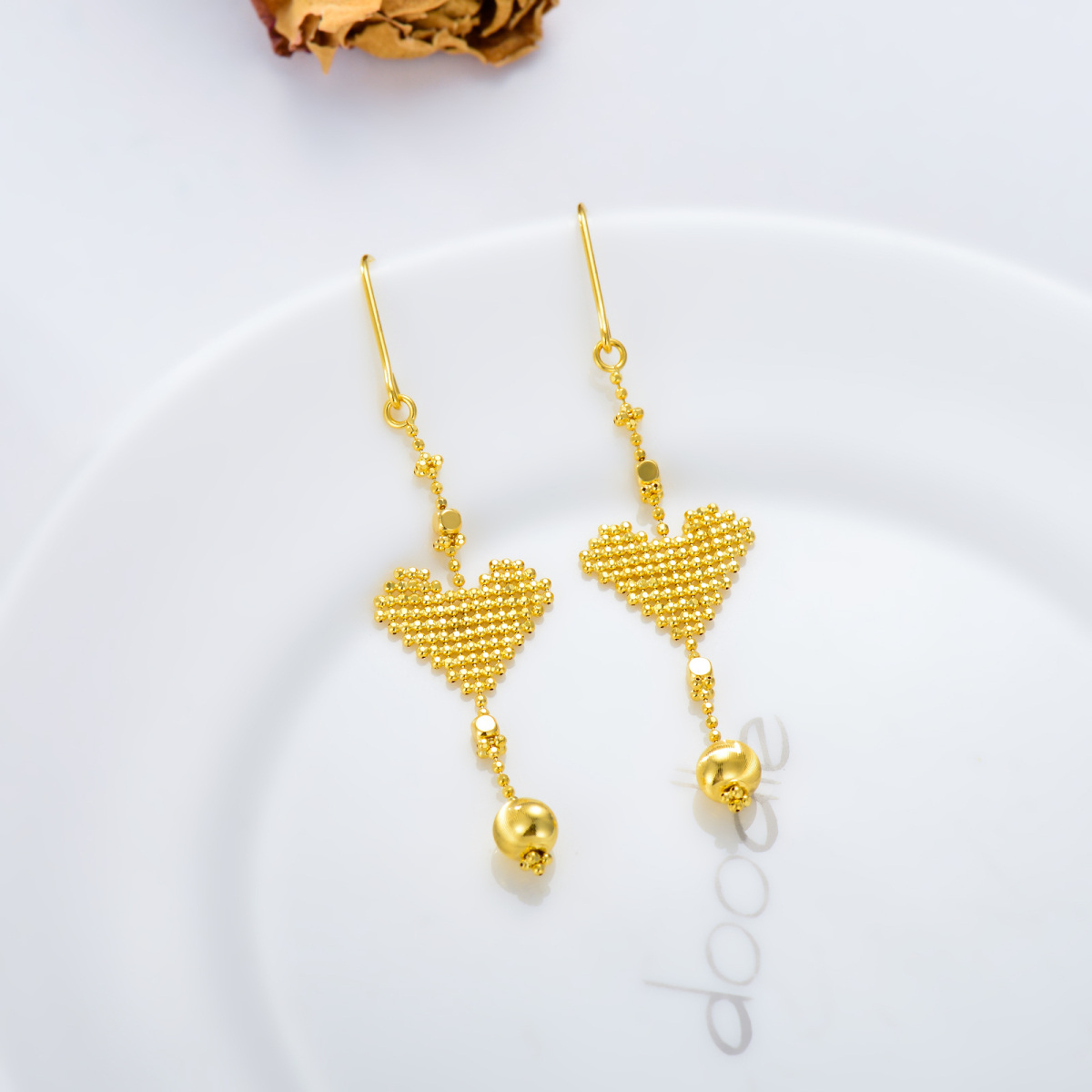 10K Gold Heart Drop Earrings-3