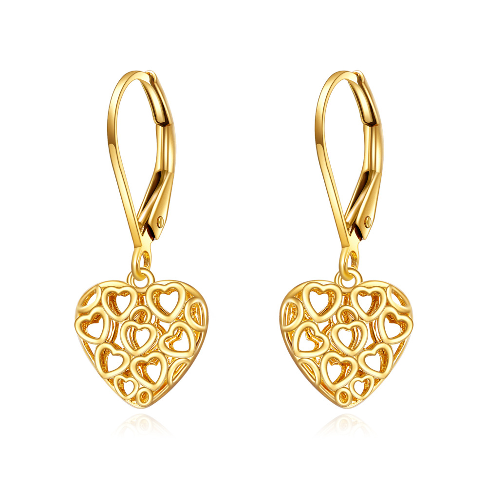 10K Gold Heart With Heart Drop Earrings-1