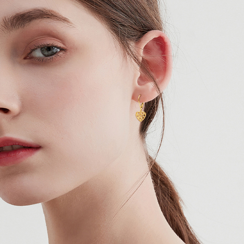 10K Gold Heart With Heart Drop Earrings-2