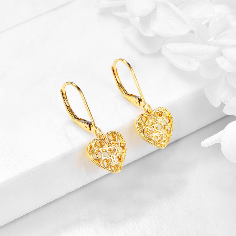10K Gold Heart With Heart Drop Earrings-3
