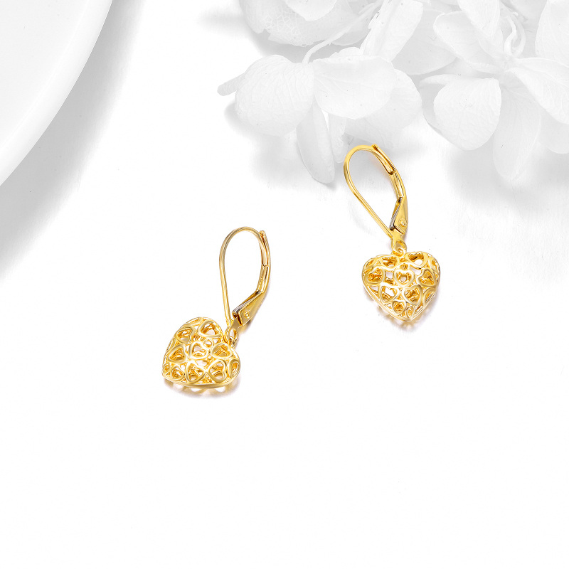 10K Gold Heart With Heart Drop Earrings-4