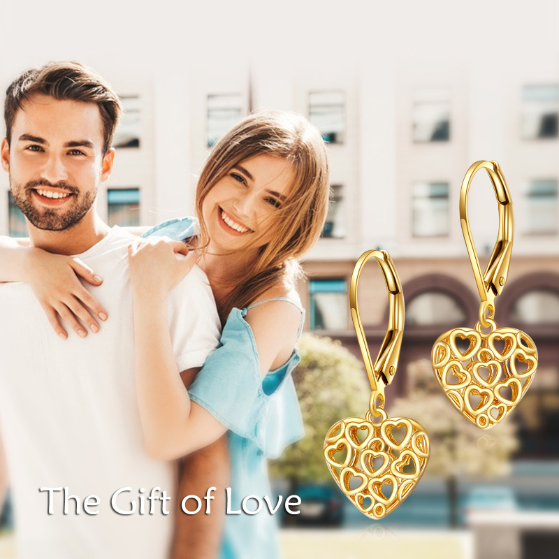 10K Gold Heart With Heart Drop Earrings-5