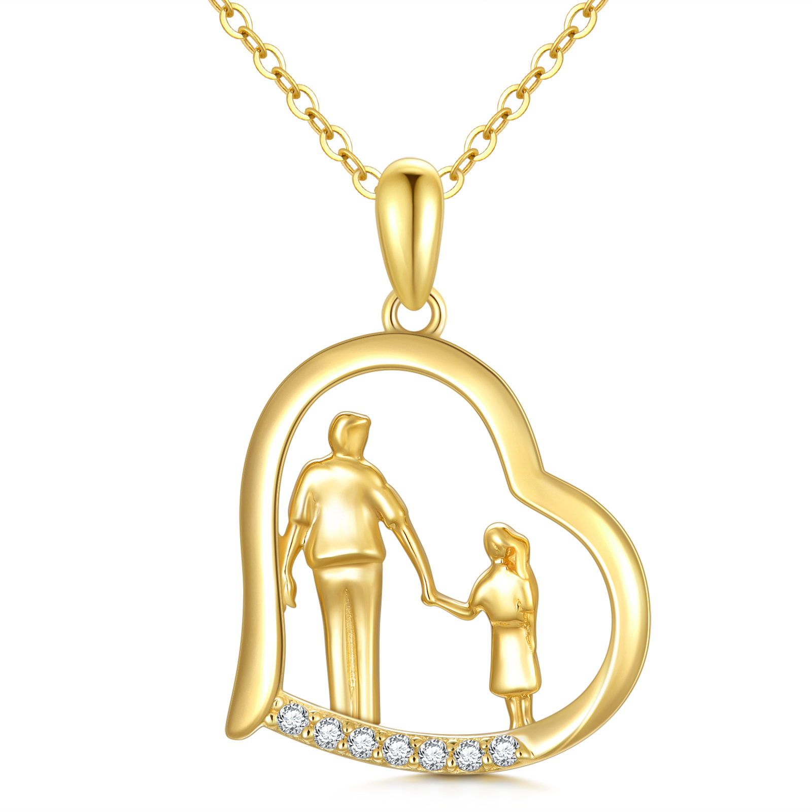 Image of YFN 14K Gold Cubic Zirconia Heart Father & Daughter Holding Hands Pendant Necklace