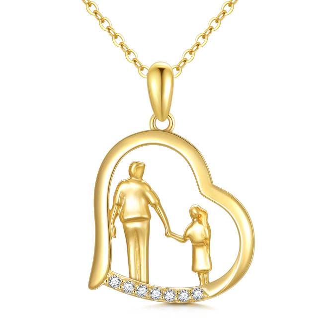 10K Gold Cubic Zirconia Heart Father & Daughter Holding Hands Pendant Necklace