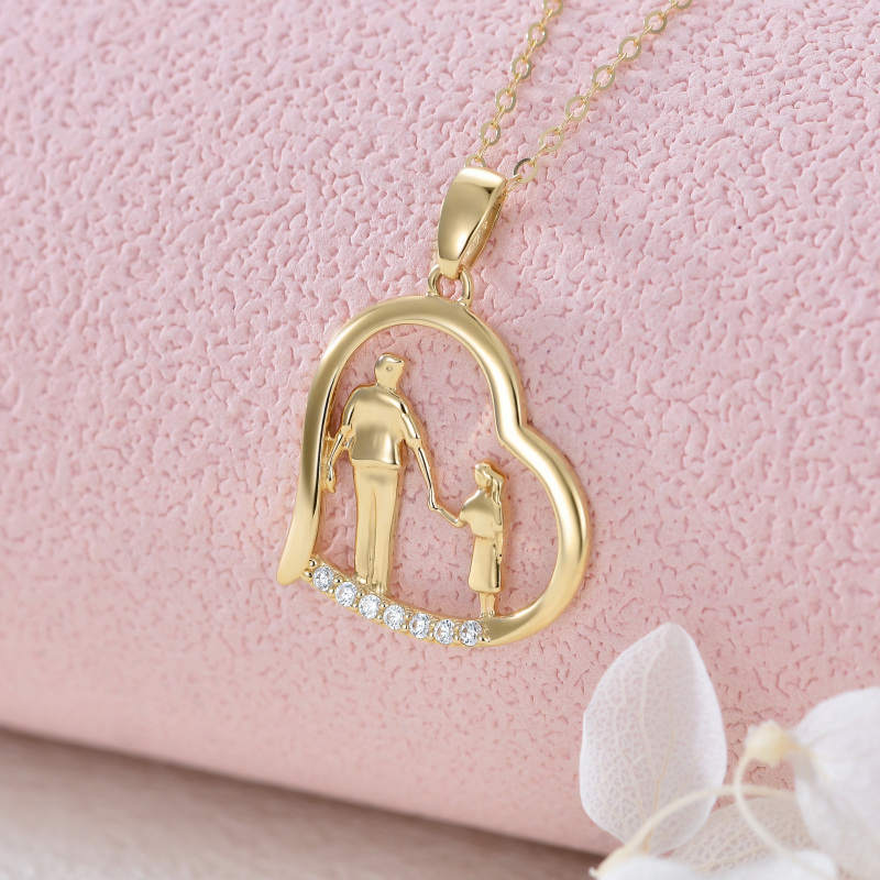 10K Gold Cubic Zirconia Heart Father & Daughter Holding Hands Pendant Necklace-3