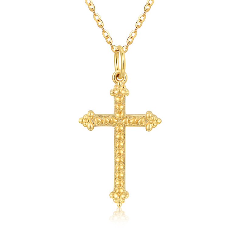 14K Gold Heart Filled Cross Pendant Necklace