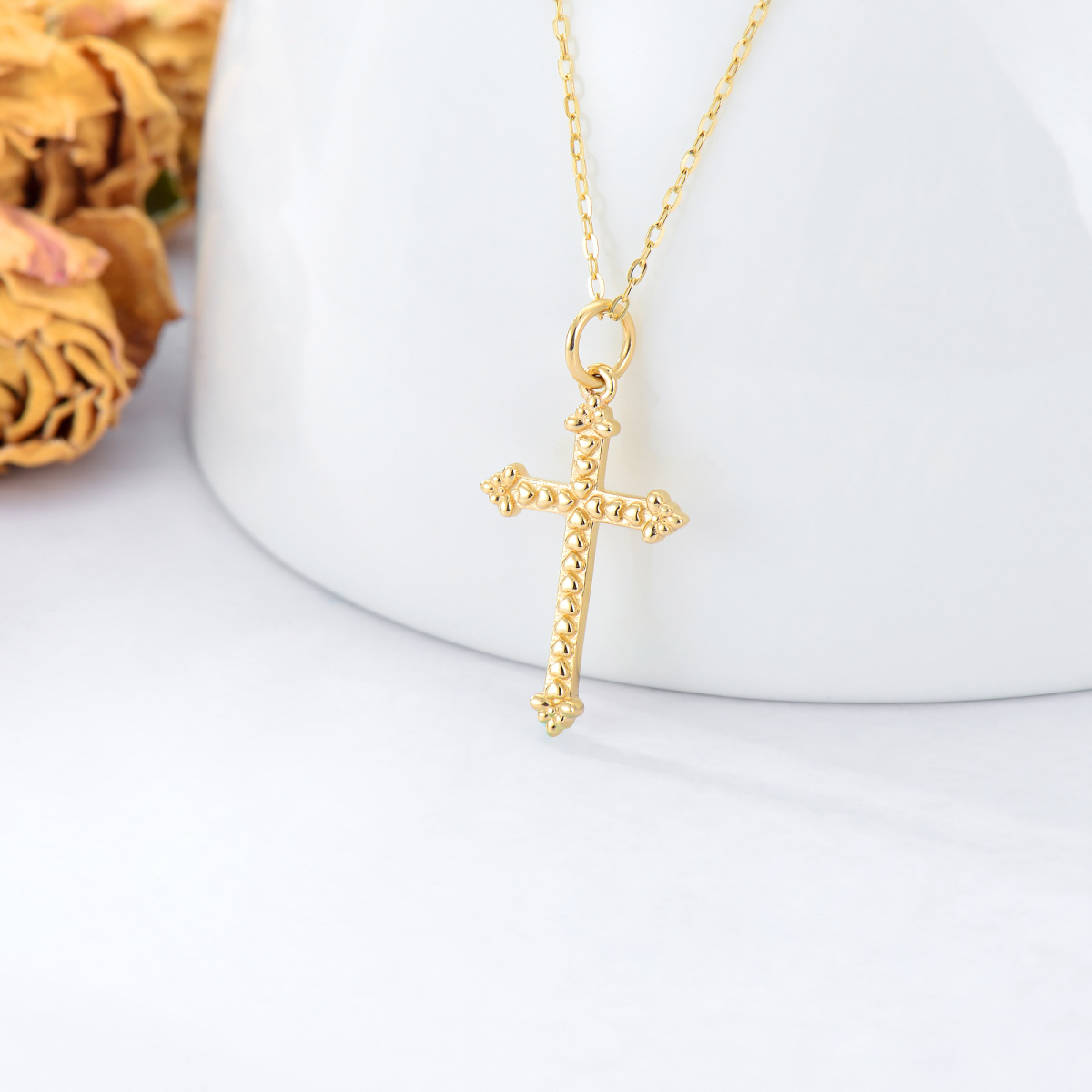 14K Gold Heart Filled Cross Pendant Necklace-3