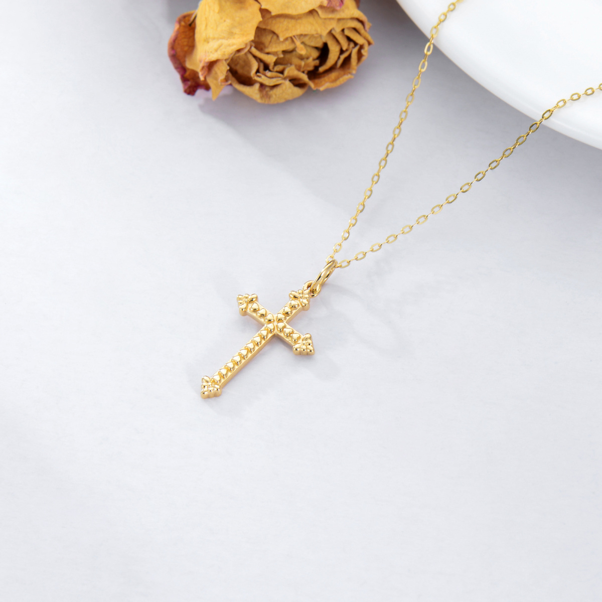 14K Gold Heart Filled Cross Pendant Necklace-4