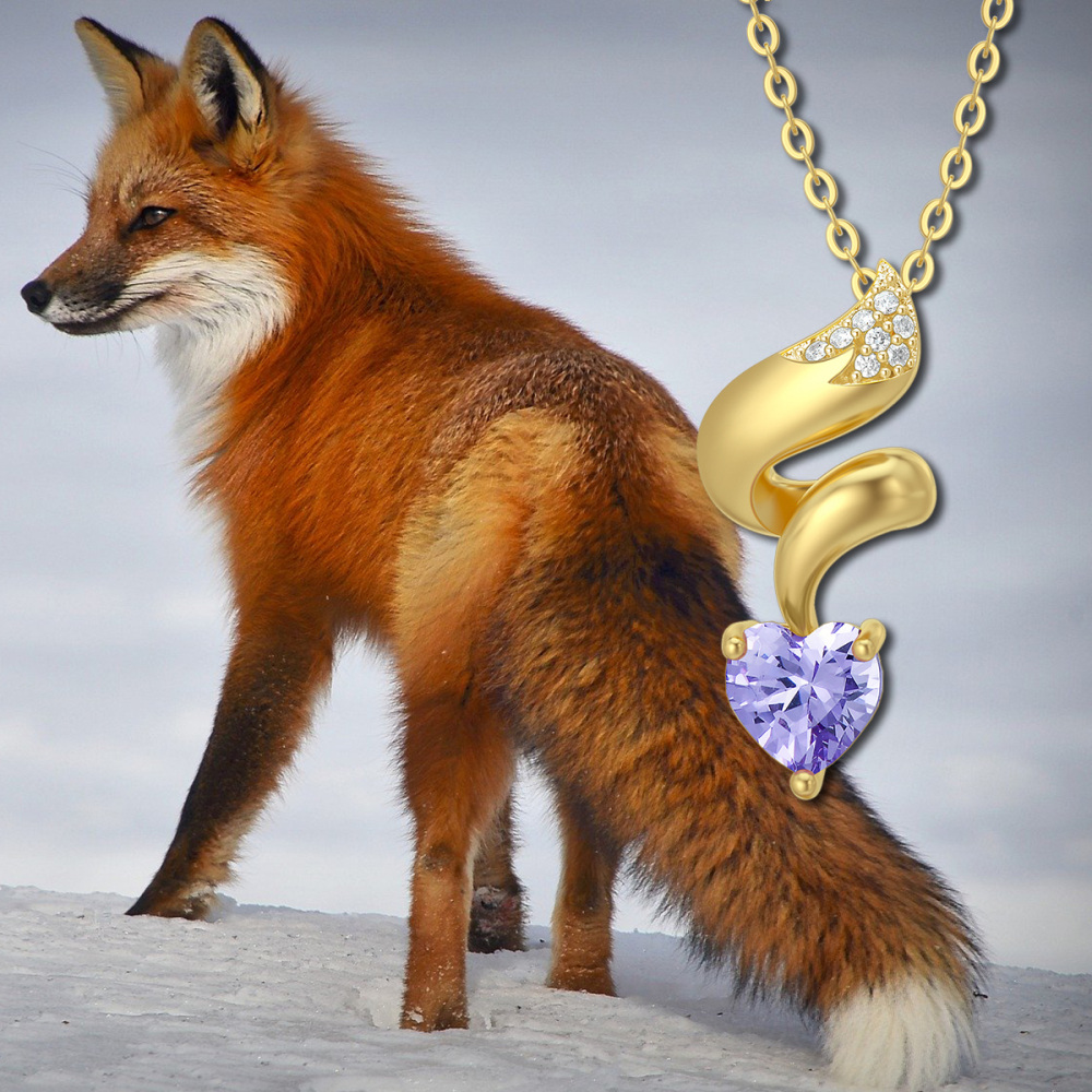 10K Gold Heart Cubic Zirconia Fox Pendant Necklace-3