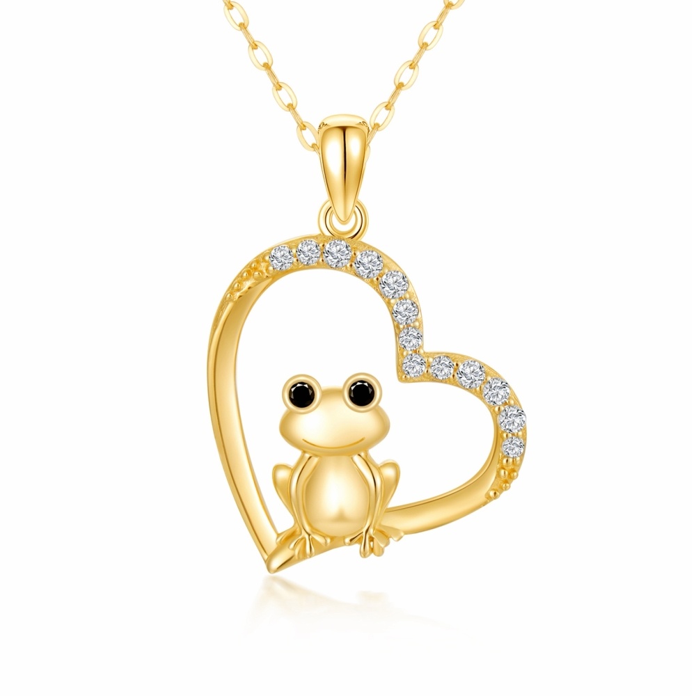 10K Gold Cubic Zirconia Heart Frog Pendant Necklace-1