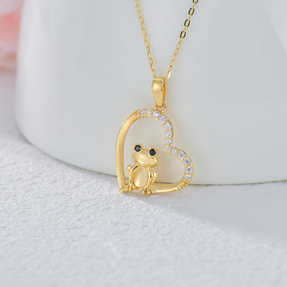 10K Gold Cubic Zirconia Heart Frog Pendant Necklace-3