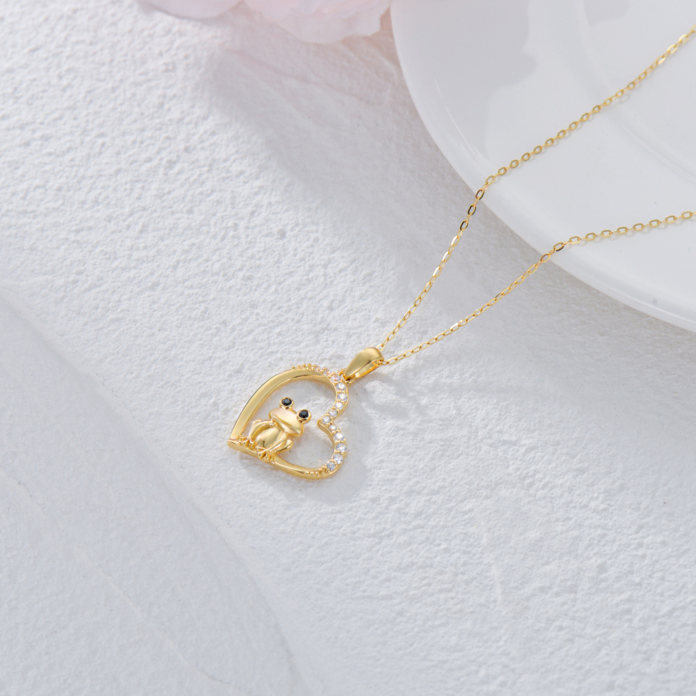10K Gold Cubic Zirconia Heart Frog Pendant Necklace-4