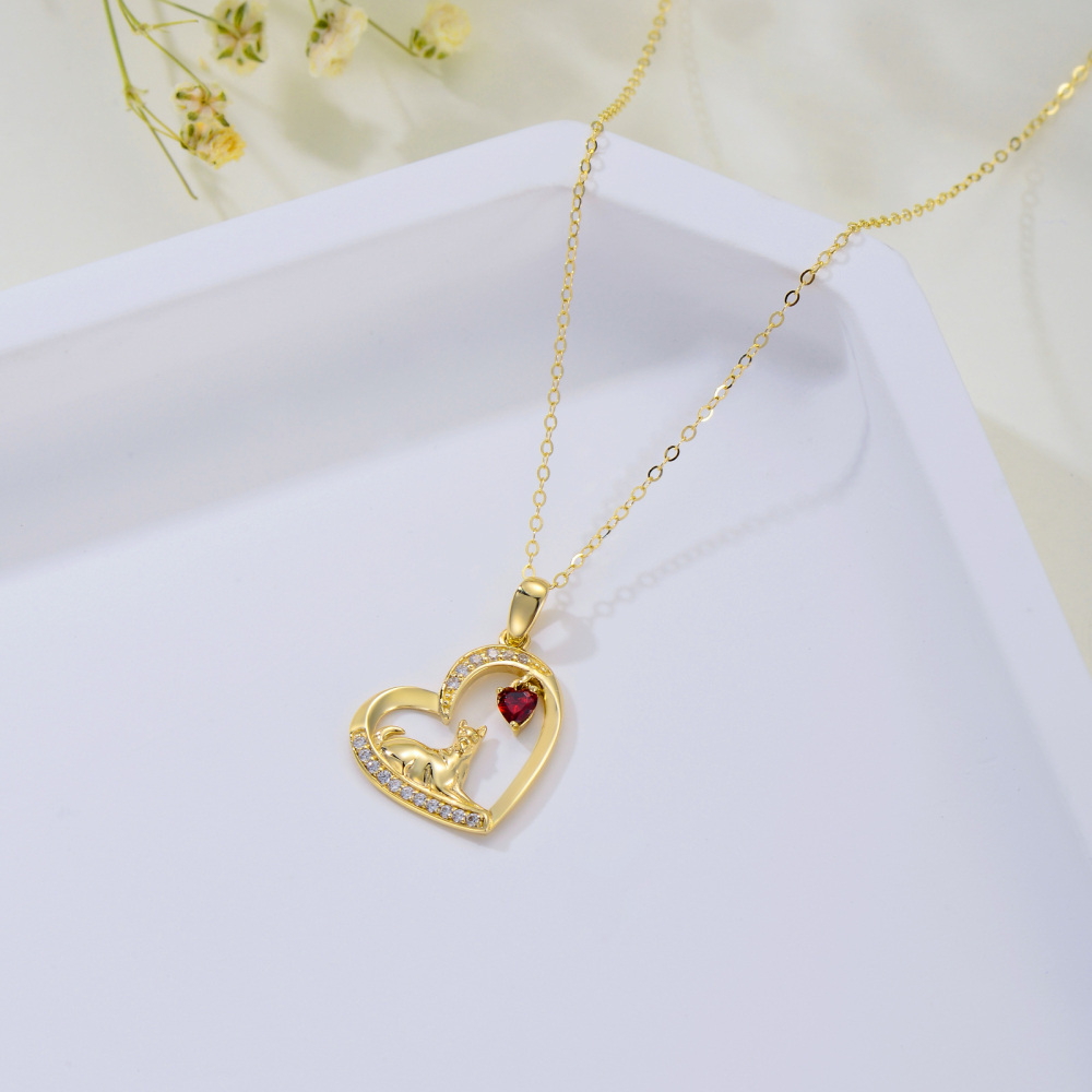 Collar con colgante de caballo granate y circonita cúbica en forma de corazón de oro de 14 quilates-5