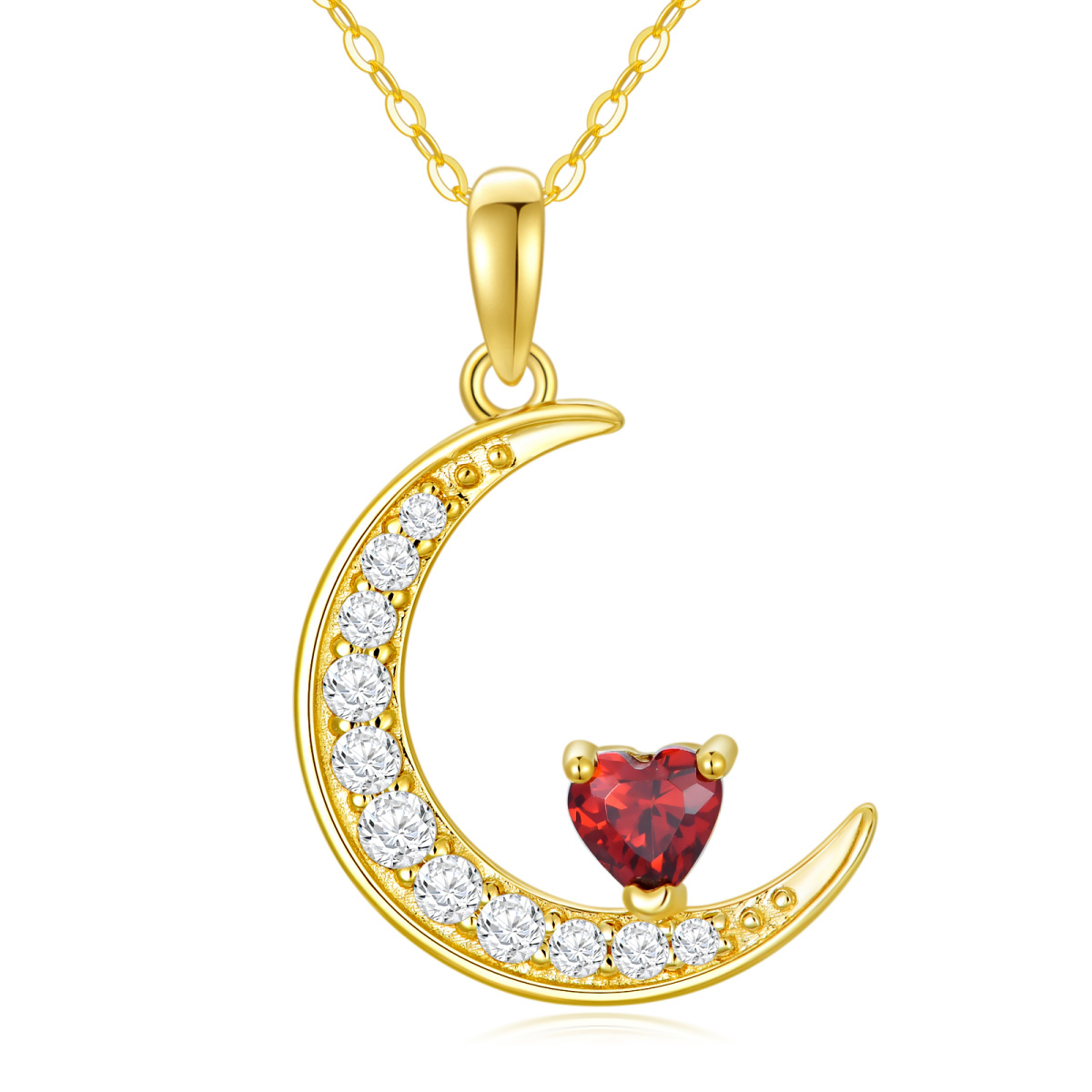 10K Gold Heart Garnet Heart & Moon Pendant Necklace-1