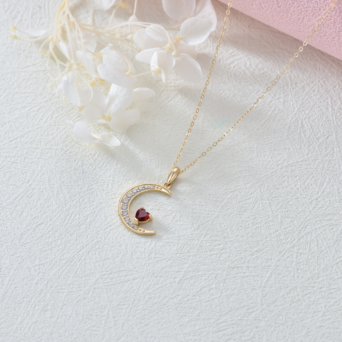 10K Gold Heart Garnet Heart & Moon Pendant Necklace-3