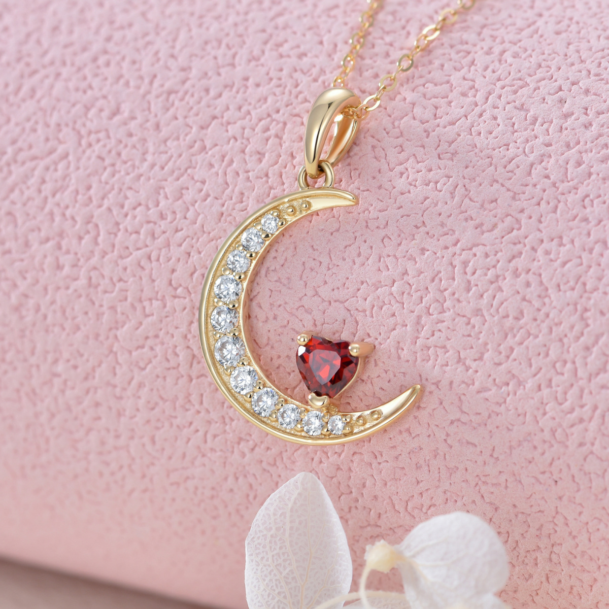 10K Gold Heart Garnet Heart & Moon Pendant Necklace-4