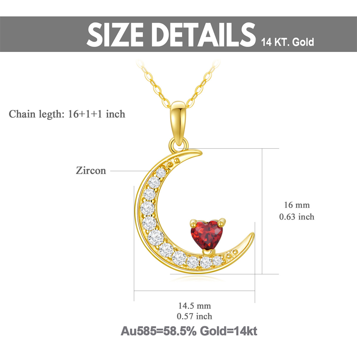 10K Gold Heart Garnet Heart & Moon Pendant Necklace-5