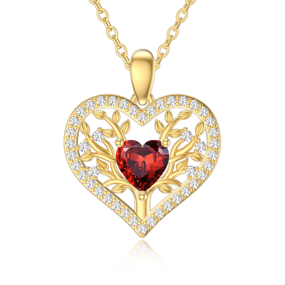 Collar con colgante de corazón de granate de oro amarillo de 14 quilates para mujer-1