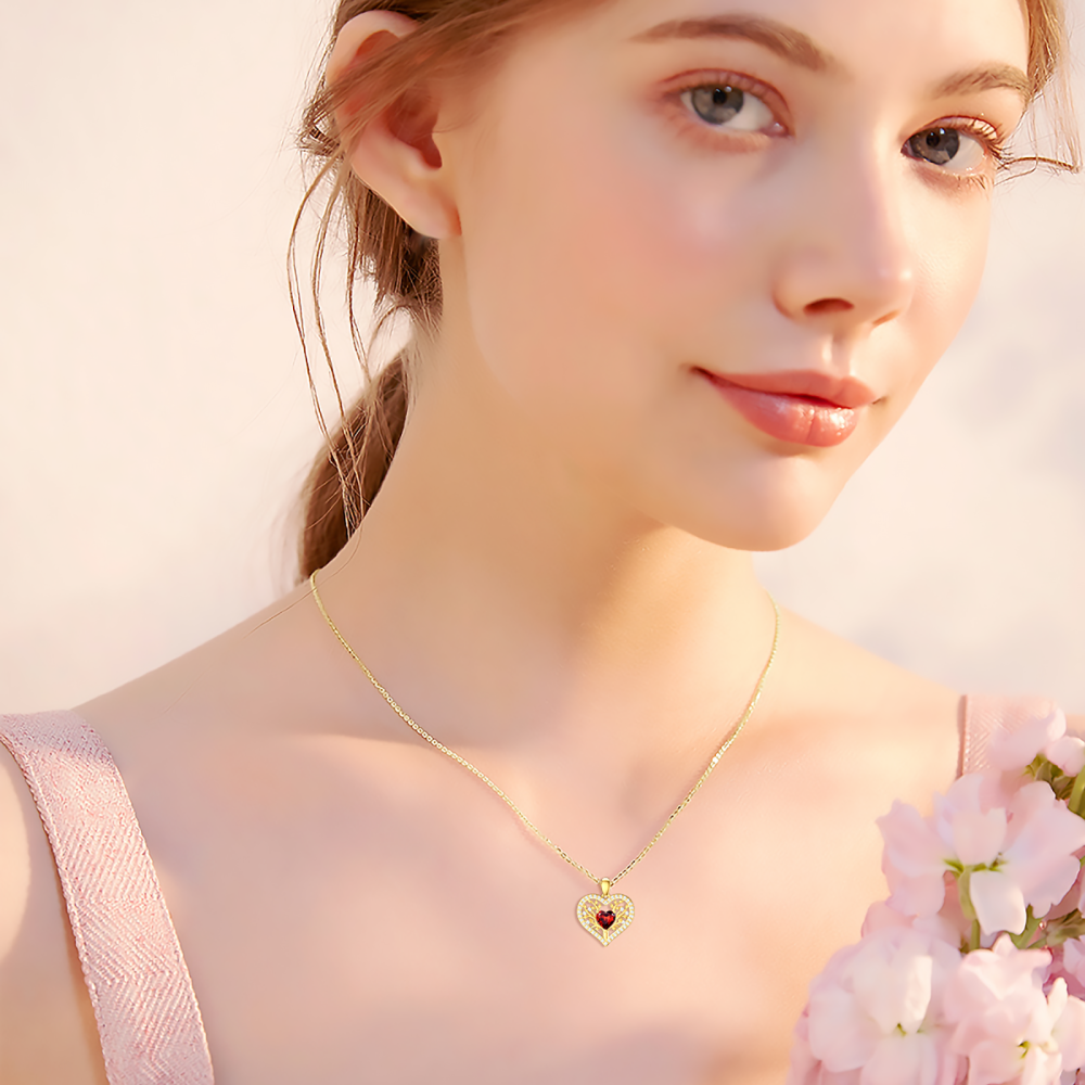 10K Yellow Gold Heart Garnet Heart Pendant Necklace For Women-2