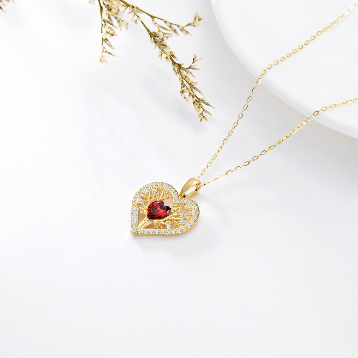 14K Yellow Gold Heart Garnet Heart Pendant Necklace For Women-4