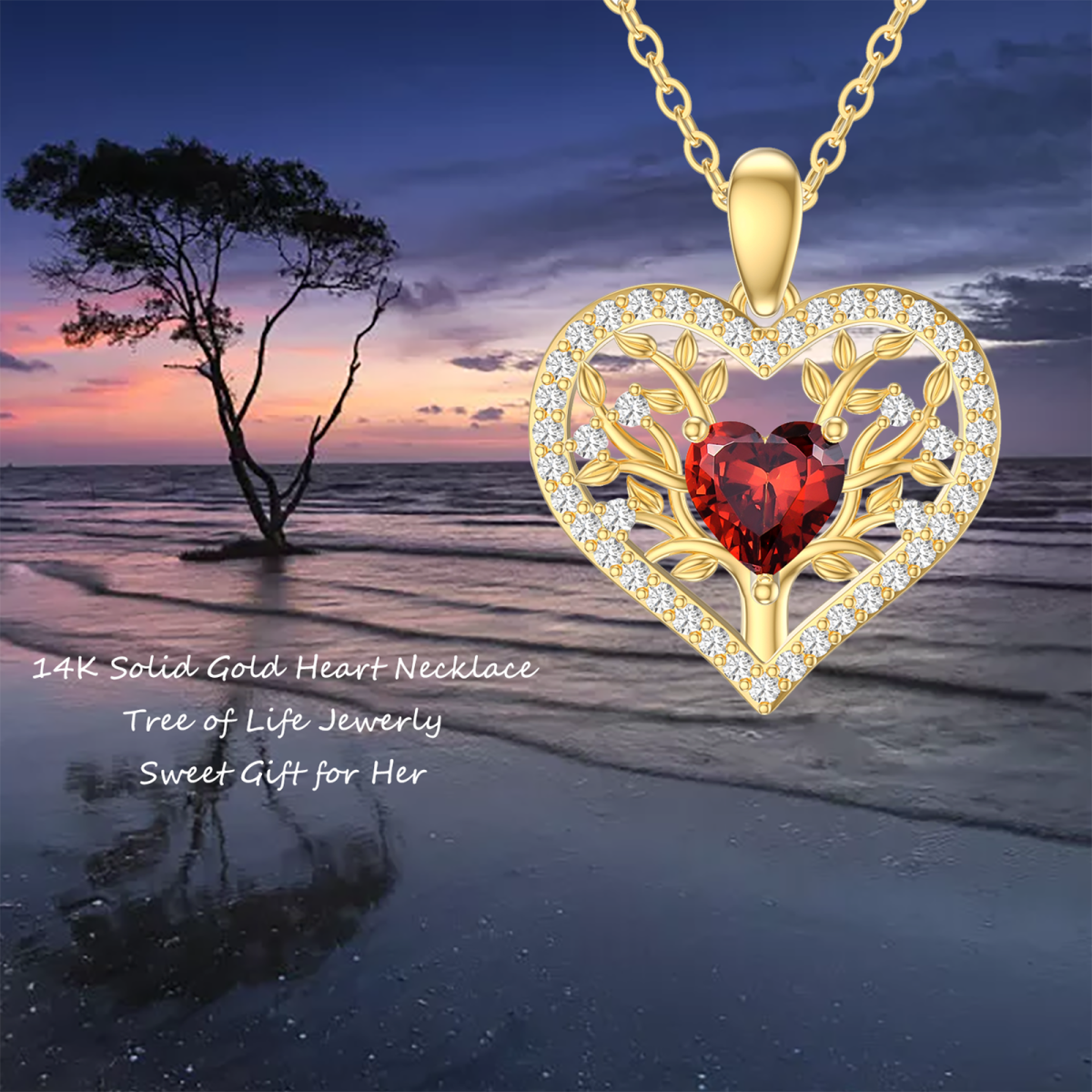 14K Yellow Gold Heart Garnet Heart Pendant Necklace For Women-5