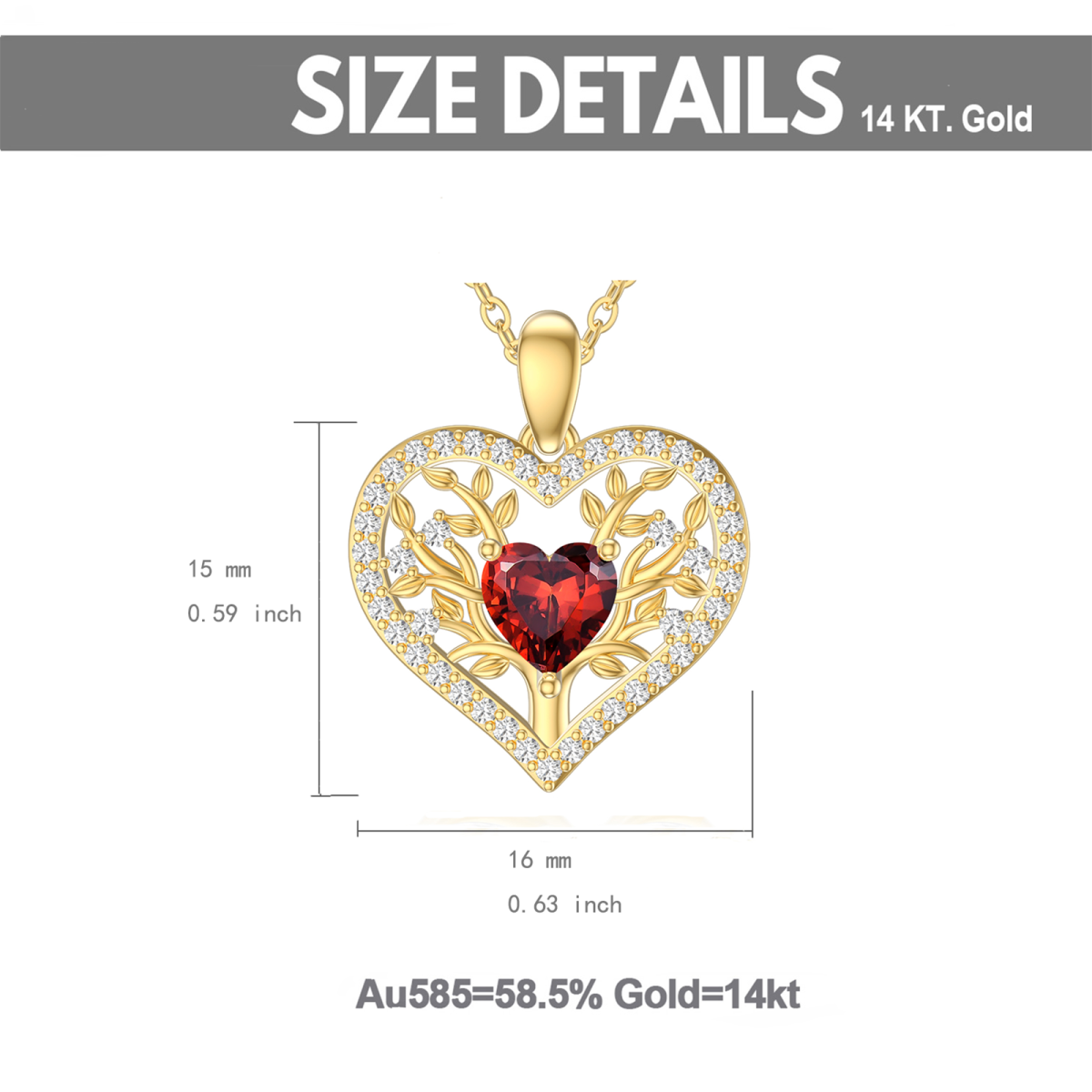 Collier pendentif coeur grenat en or jaune 14 carats pour femme-6