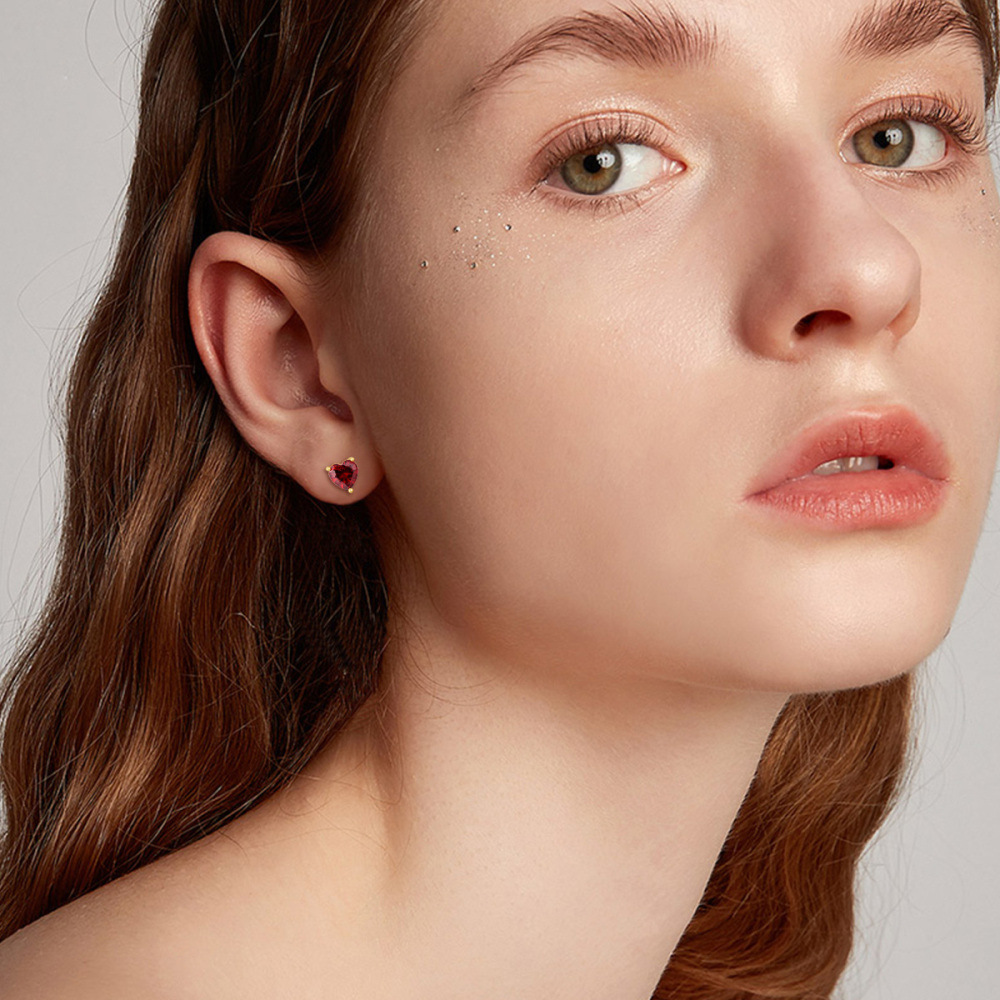 10K Gold Heart Garnet Stud Earrings For Women-2