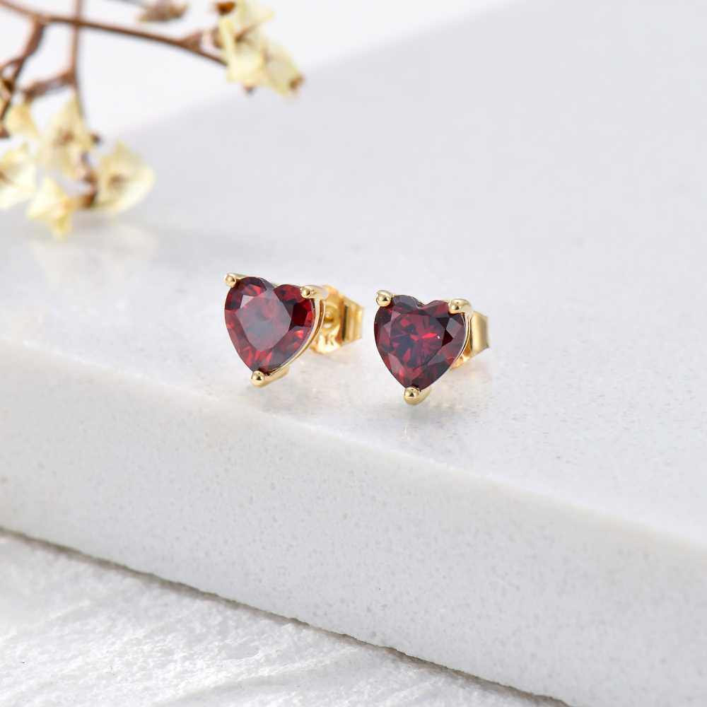 10K Gold Heart Garnet Stud Earrings For Women-3