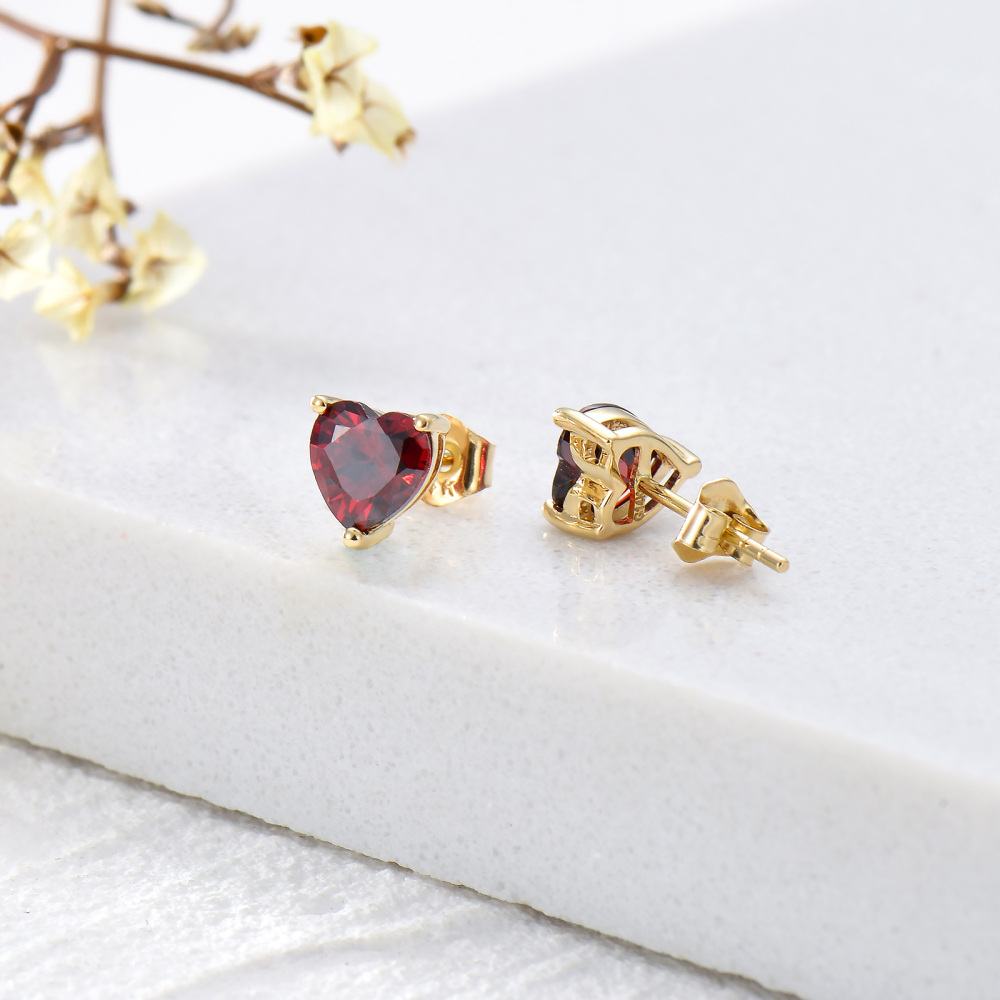 10K Gold Heart Garnet Stud Earrings For Women-4