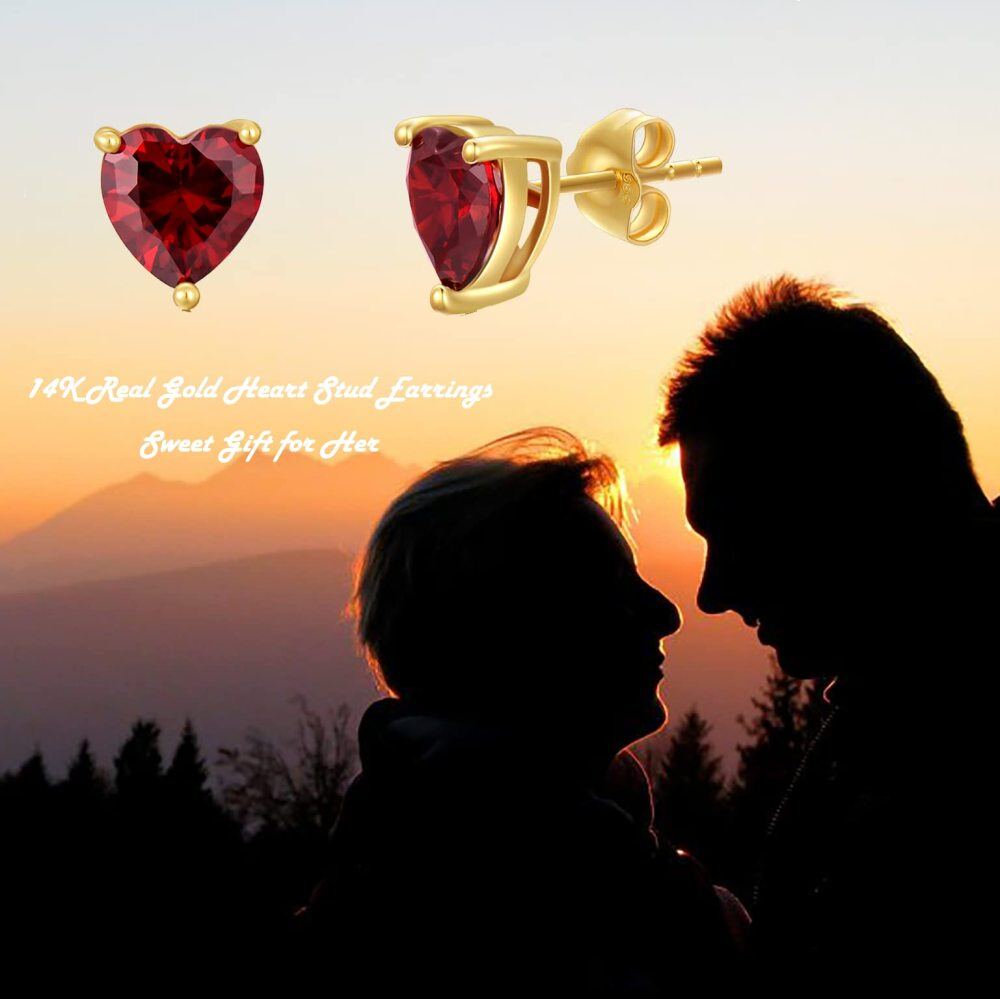 10K Gold Heart Garnet Stud Earrings For Women-5