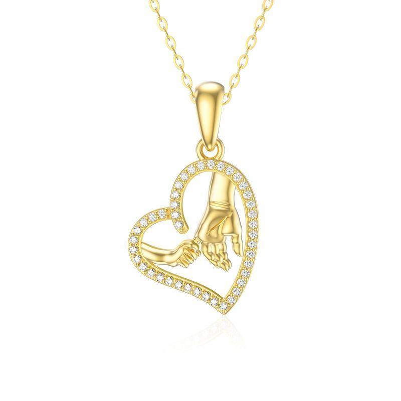 Collier avec pendentif en or 14K à zircon cubique « Heart & Hold Hands » (cœur et mains)-1