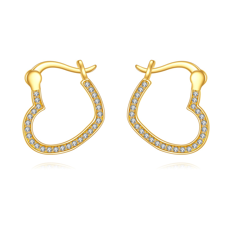 10K Gold Cubic Zirconia Heart Hoop Earrings-12