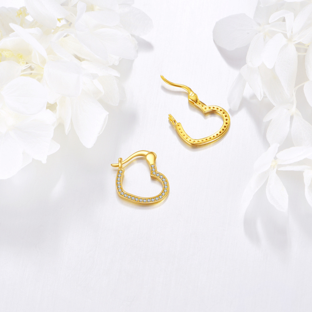 10K Gold Cubic Zirconia Heart Hoop Earrings-4