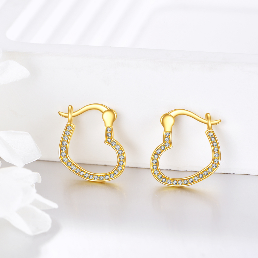 10K Gold Cubic Zirconia Heart Hoop Earrings-5