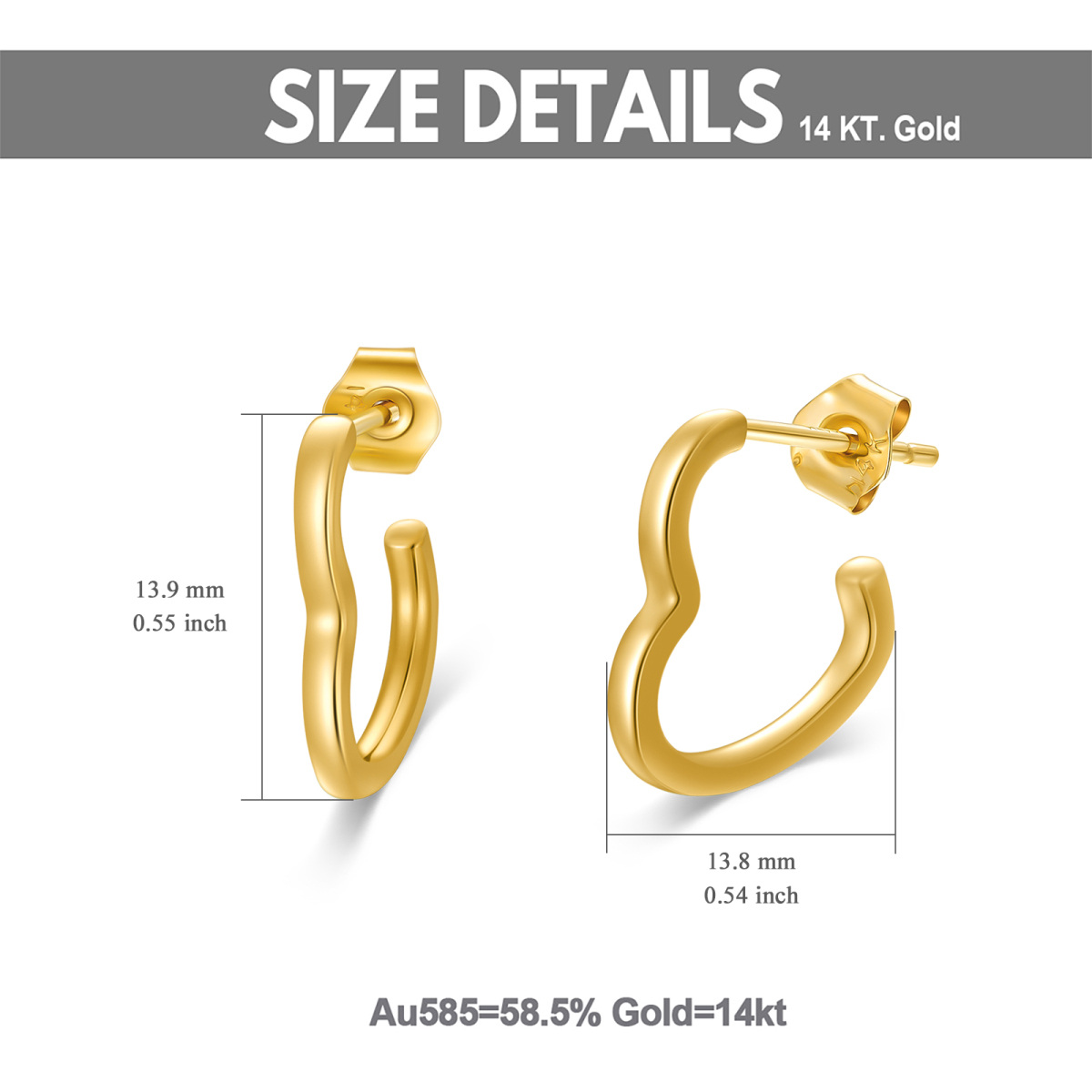 Boucles d'oreilles créoles en forme de cœur en or jaune 14 carats pour femme-3